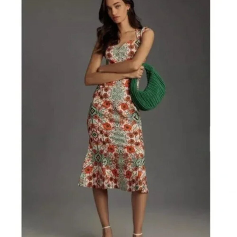Anthropologie Cecily Fit & Flare Sweetheart Midi Dress ‎Orange Motif Floral L - Picture 4 of 14